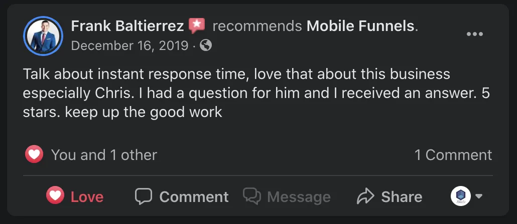 Authentic Mobile Funnels client testimonial