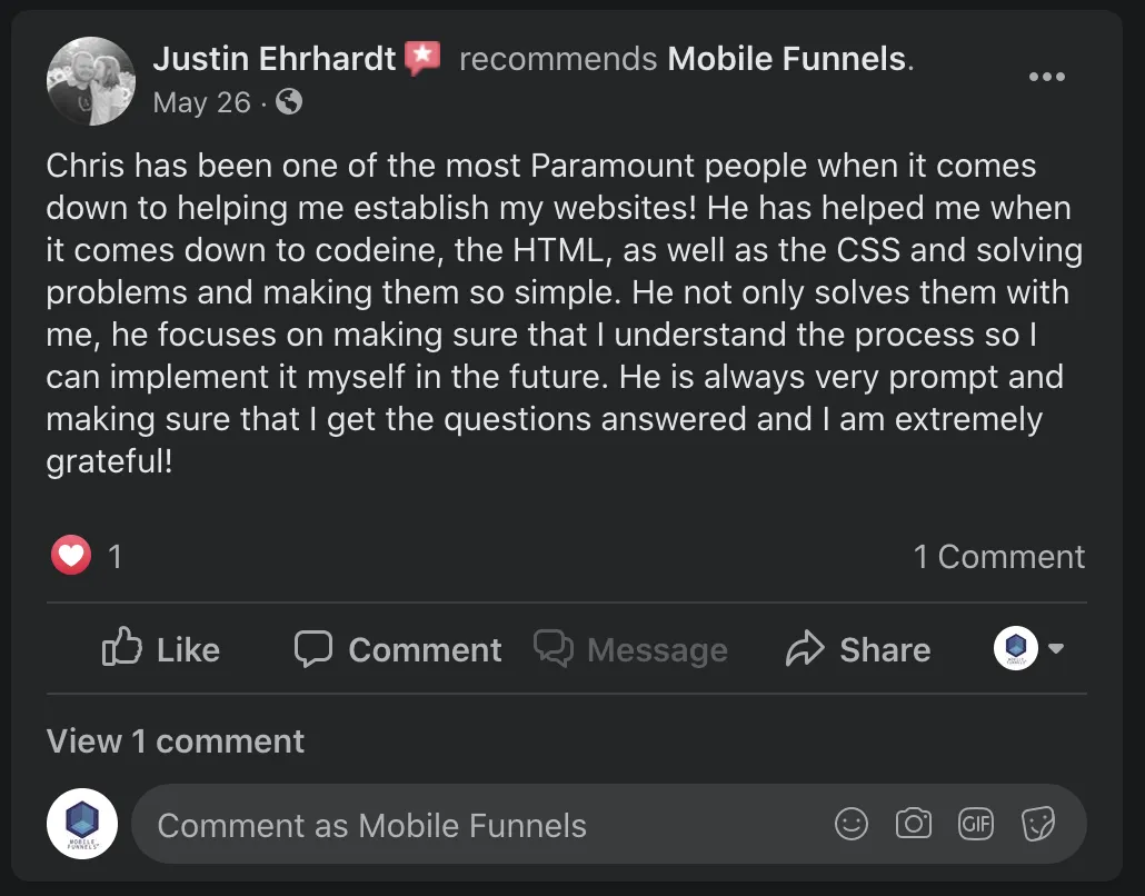 Authentic Mobile Funnels client testimonial